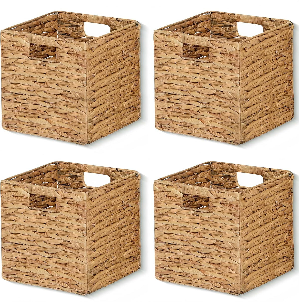 11 x 11 x 11 in Woven Storage Baskets,Set of 4 Wicker Cubes Baskets,Natural | Foldable Water Hyacinth Baskets,Handwoven Storage Baskets for Shelves,Kitchen or Outdoor