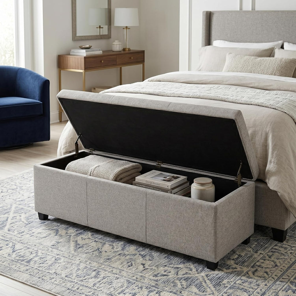 SIMPLIHOME Avalon 54" Wide Linen Look Fabric Storage Ottoman in Cloud Grey | Contemporary lift-top ottoman with high-density foam; rectangle storage bench or coffee table for living room or entryway.