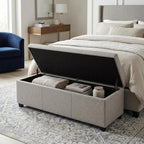 SIMPLIHOME Avalon 54" Wide Linen Look Fabric Storage Ottoman in Cloud Grey | Contemporary lift-top ottoman with high-density foam; rectangle storage bench or coffee table for living room or entryway.