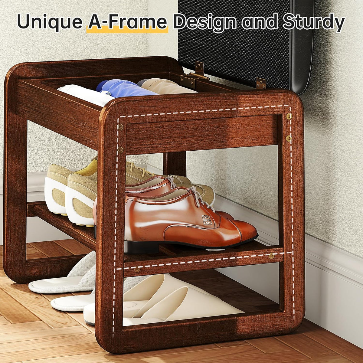 Shoe Rack Bench with Flip-Top Storage, Rubberwood 2-Tier Shoe Organizer with Cushion, Small Wooden Shoe Stand for Entryway, Mudroom, Hallway, Closet, Front Door Entrance, Foyer