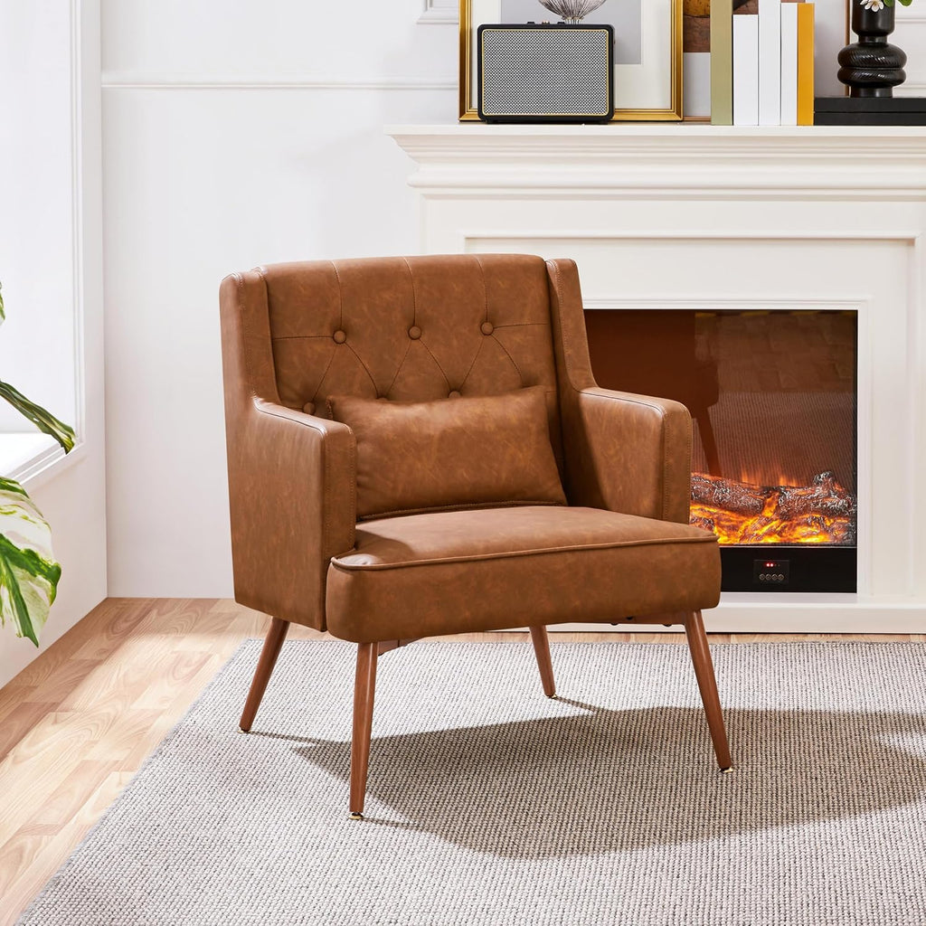 Yaheetech Accent Chair, Mid-Century Modern Armchair, Retro Brown | Faux Leather Chair with Lumbar Pillow, Comfy Upholstered Reading Chair for Living Room, Bedroom and Small Spaces
