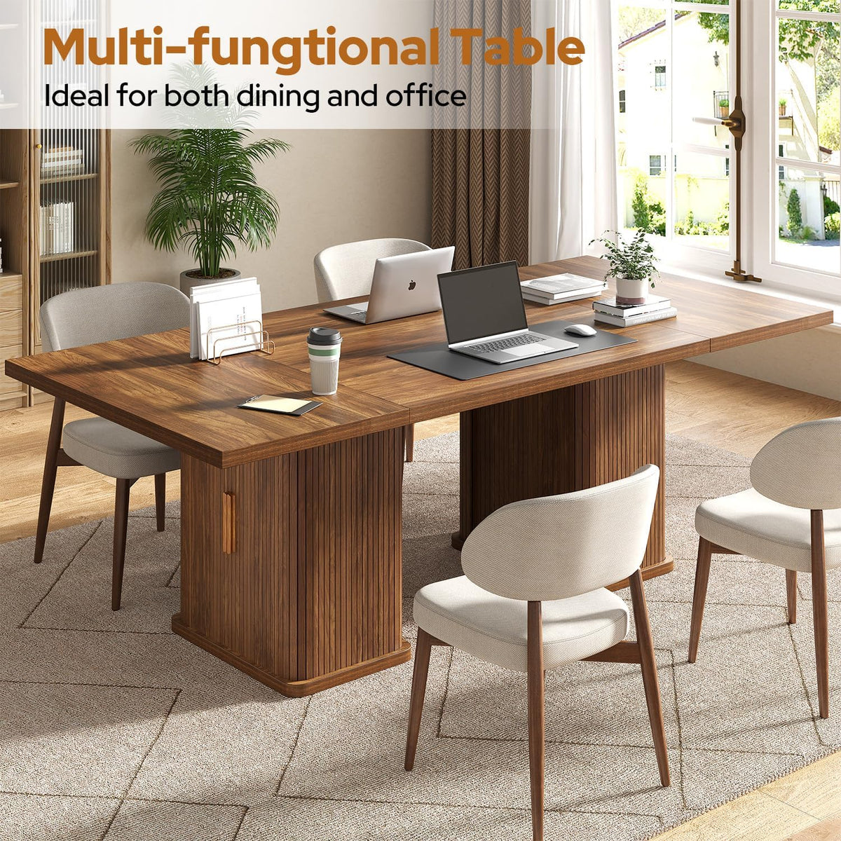 78.7" Long Rectangle Dining Table with Fluted Storage Legs for 6/8/10, Farmhouse Dinner Tables with Large Tabletop, Storage Shelves and Sliding Tambour Doors for Dining Room, Kitchen, Living Room