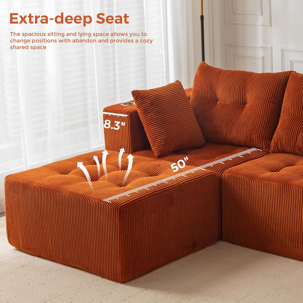 MAXYOYO Couch, L-Shaped Modular Cloud Couch, 4-Seat Sofa, Ottoman | Orange Tufted Sofa in a Box Includes One Ottoman, No Assembly, Offering Flexible 4-Seat Comfort for Modern Living Rooms