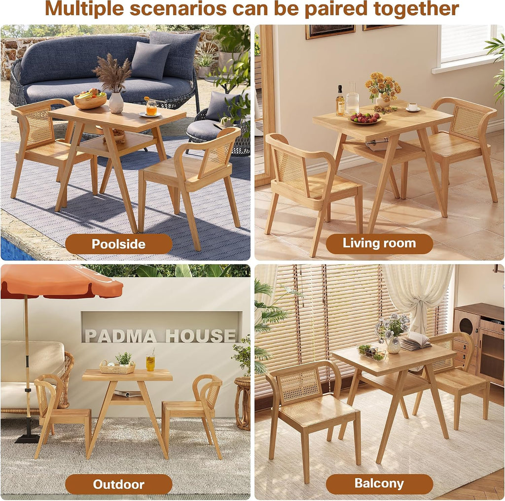 PADMA HOUSE Bistro Stacking Table Chair Set of 3, Wood Rattan Small Dining Table & Chair Set, Nesting Table Chair Set for Tavern, Balcony, Dining, Indoor, Patio-Natural Wood Color