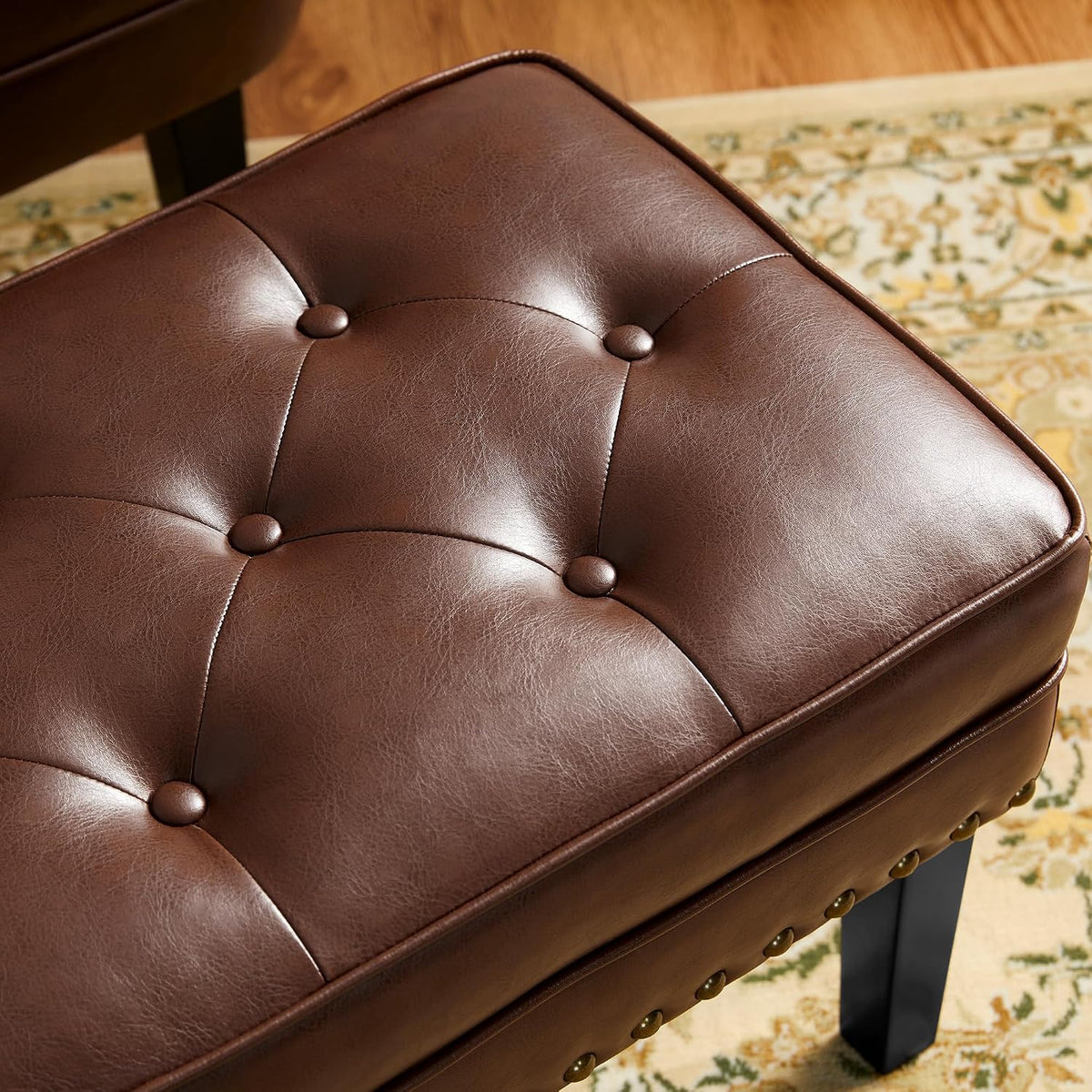 Glitzhome Faux Leather Foot Stool, Mid Century Modern Foot Stools Ottoman, Vintage Ottoman Tufted Square Vanity Seat, Coffee