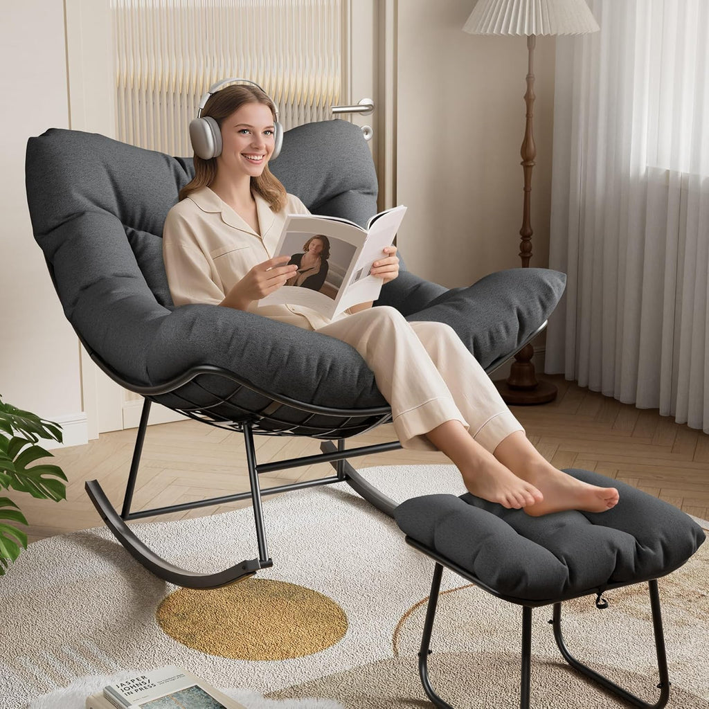 GarveeLife Oversized Papasan Rocking Chair with Footrest, Outdoor Lounge Chair with Ottoman and Sturdy Metal Frame, Patio Egg Rocker for Balcony Backyard Porch Bedroom, Grey