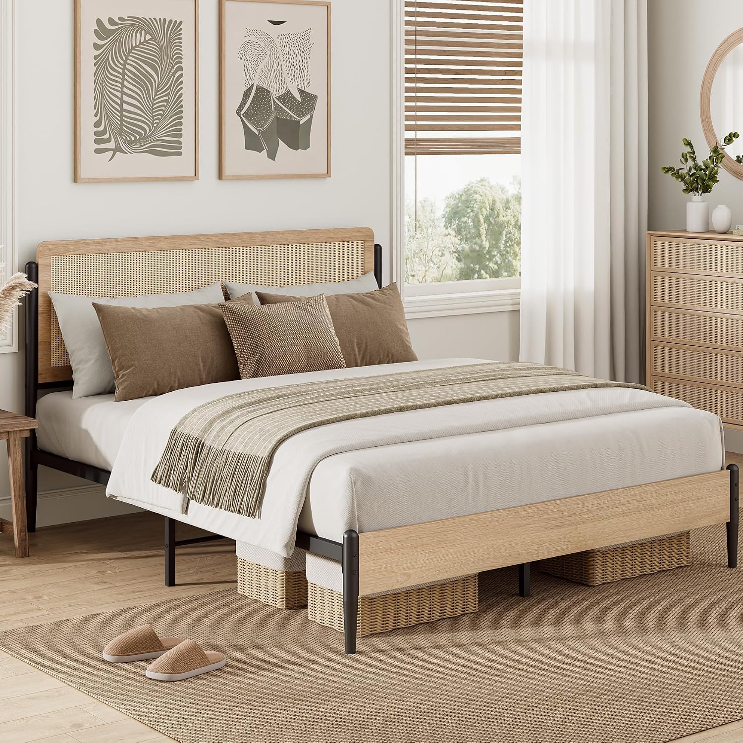 LIKIMIO Natural Rattan Queen Bed Frame with Wooden Headboard