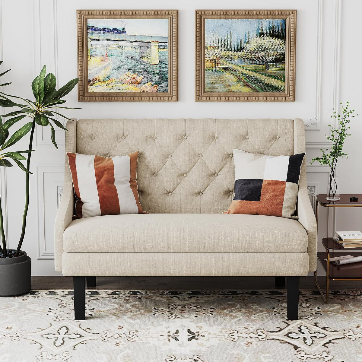 Andeworld Modern Tufted Button Back Upholstered Loveseat for Dining Room Hallway or Entryway Seating,Ivory
