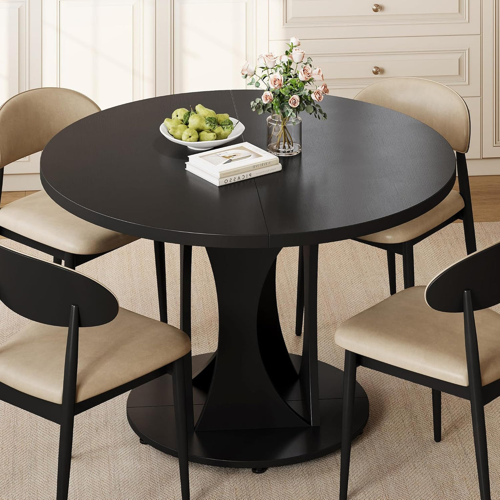 Einhomn 59" Extendable Round Dining Table for 6-8, Kitchen Table with Sturdy Double Arc Base & Backboard Clasp Desktop, Mid-Century Modern Dinner Table, Kitchen Dining Room, Space Saving, Black