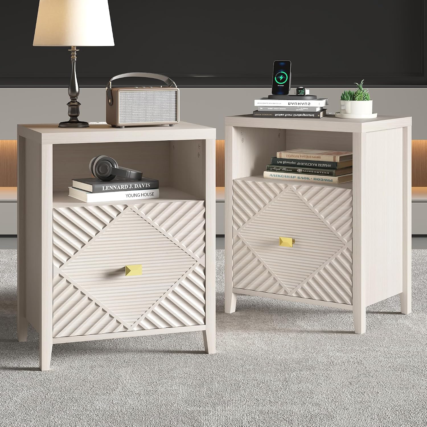 3imothrix End Table Set of 2 with Charging Station, Modern Nightstand with Door and Open Shelf, Fluted Design, Bedside Table for Bedroom, Living Room, Light Brown