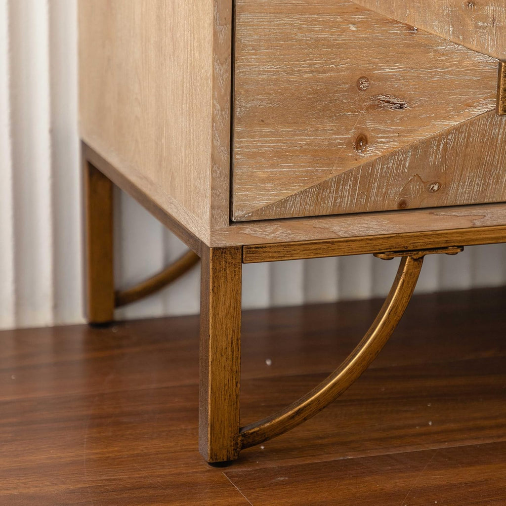 59.44" Light Wood Sideboard, Geometric Relief Buffet with 3 Drawers & 2 Doors, Gold Metal Legs for Living Room Dining Room Storage