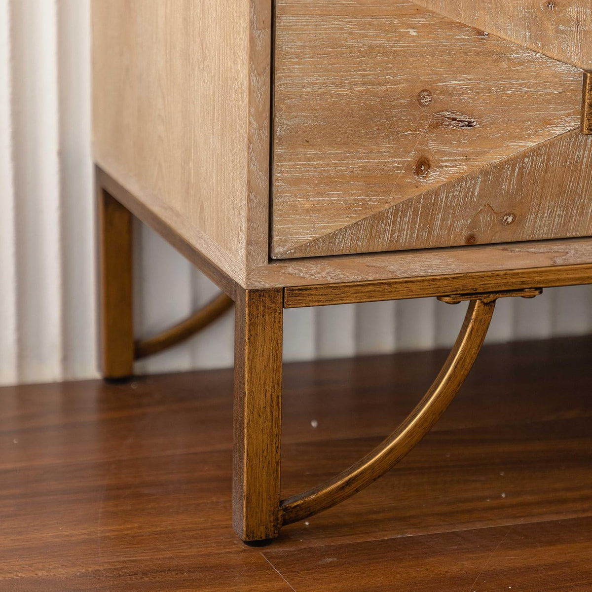 59.44" Light Wood Sideboard, Geometric Relief Buffet with 3 Drawers & 2 Doors, Gold Metal Legs for Living Room Dining Room Storage