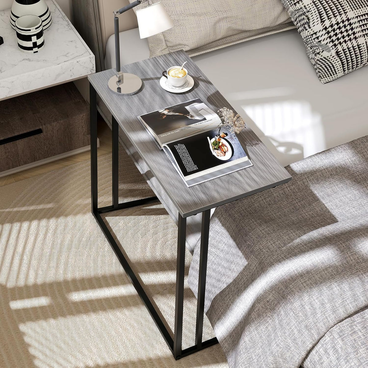 C-Shaped Side Table, Modern End Table with Metal Frame, Space Saving Design for Living Room，Large Surface Couch Table for Bedroom, and Home Office，24 x 12 x 24 inches (Grey)