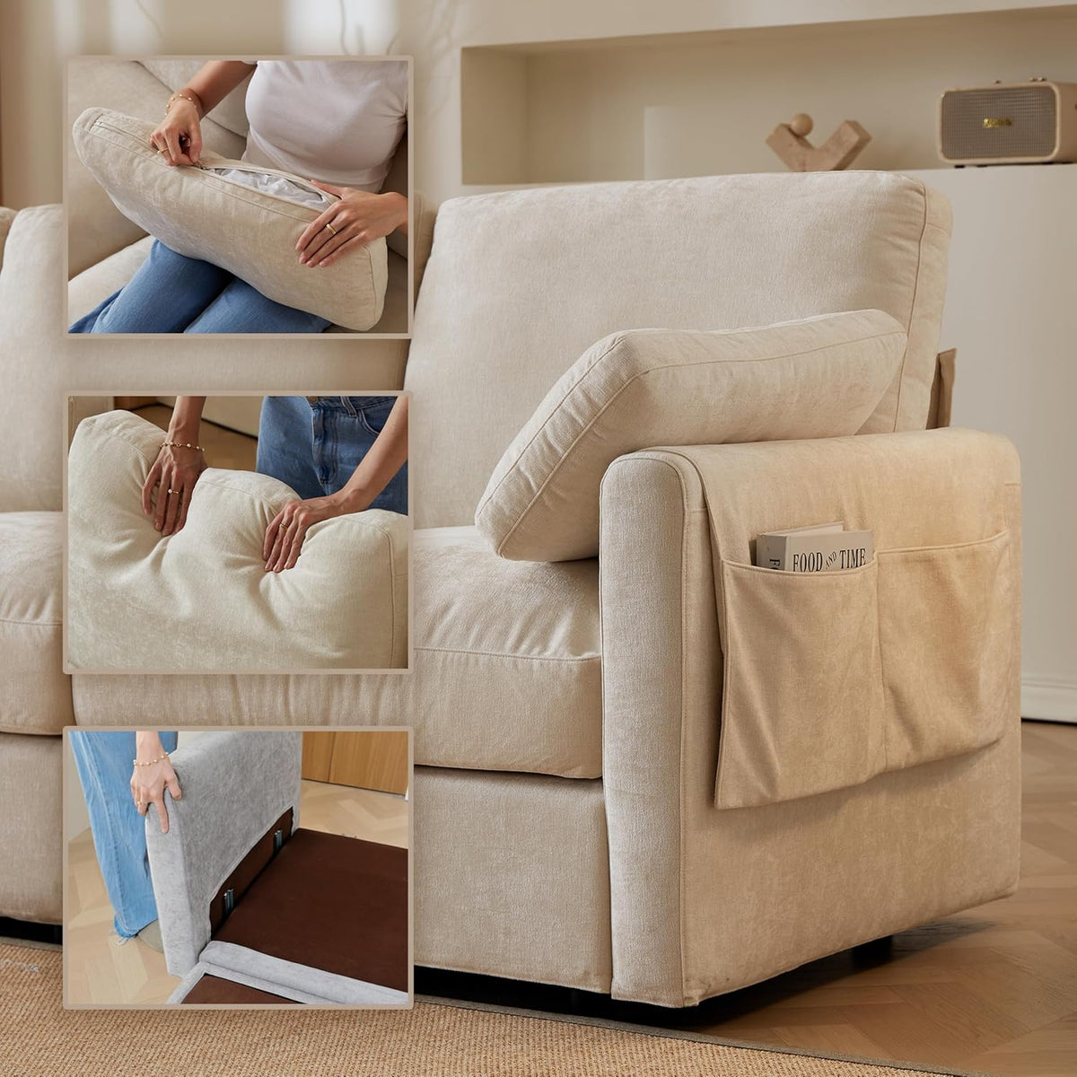 Modular Sectional Couch Chenille Fabric Upholstery Washable Sofa with Side Pocket No Tool Assembly Cloud Seating Comfort Couches for Livingroom Apartment - Beige 3 Seater with Ottoman 94"