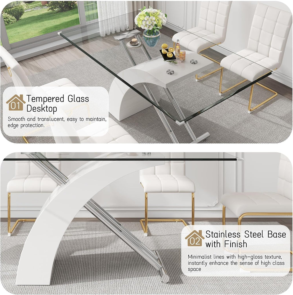 Rectangular Glass Dining Table for 4-6 People, 63" Clear Tempered Glass Desktop with X-Shape Stainless Steel Base, for Kitchen, Living Room, Office, Silver White