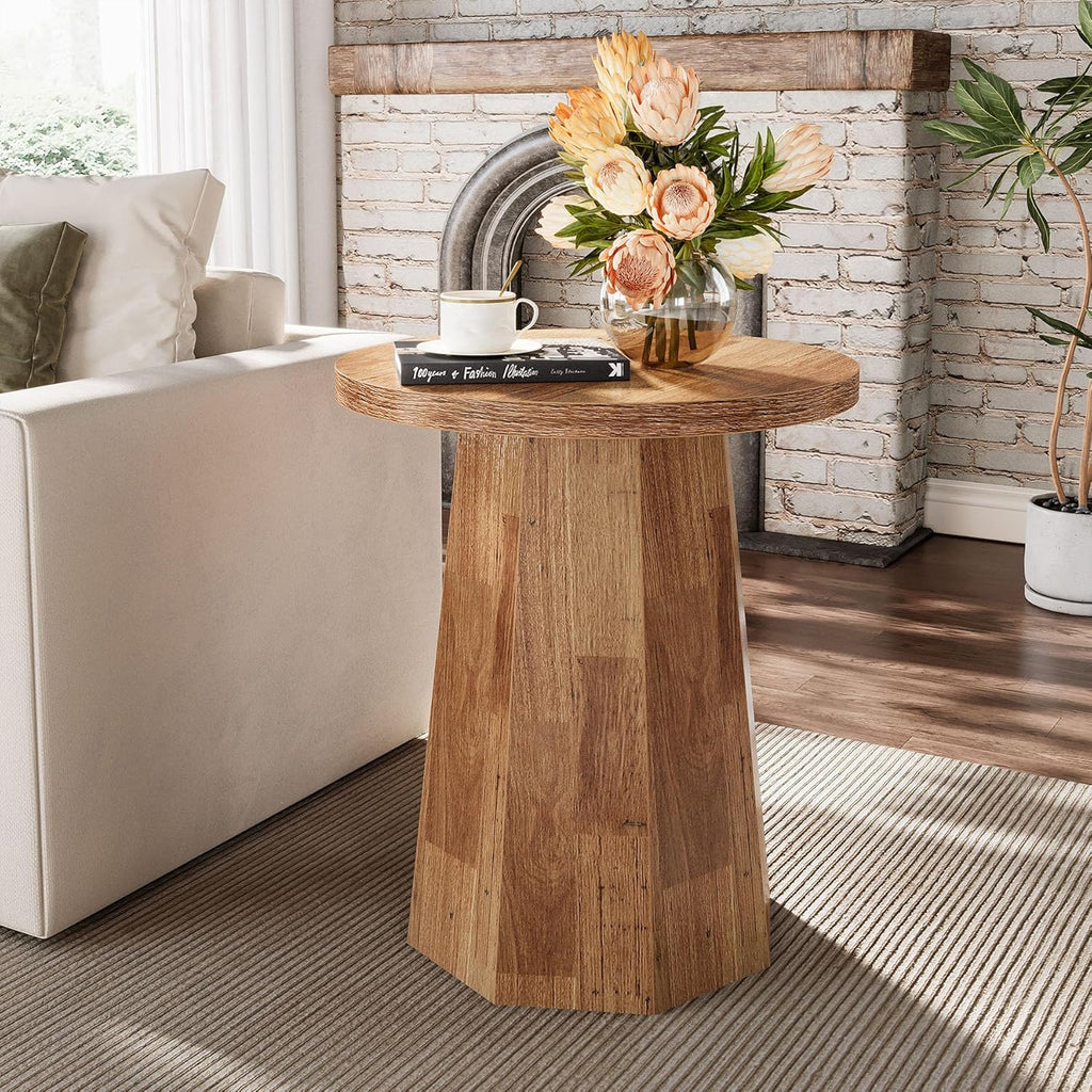 Tribesigns Round Pedestal End Table, Farmhouse Couch Side Table with Octagonal Base, Wooden Drink Stand Accent Nightstand(2, Walnut)