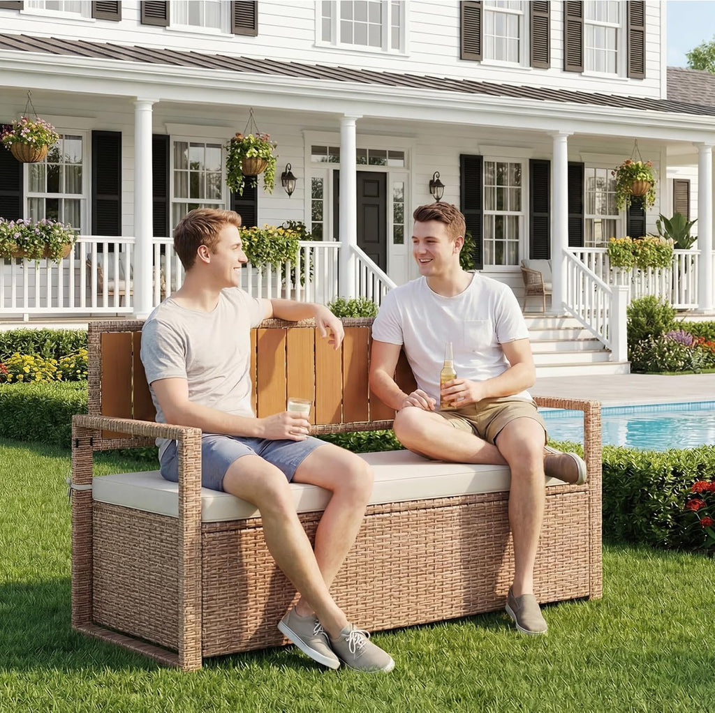 GarveeLife Wicker Storage Ottoman with Cushion, Indoor Outdoor Rattan Storage Stool, Iron Frame with WPC Top, Waterproof Seat Cushion, Patio Balcony Living Room Furniture, Yellow Rattan
