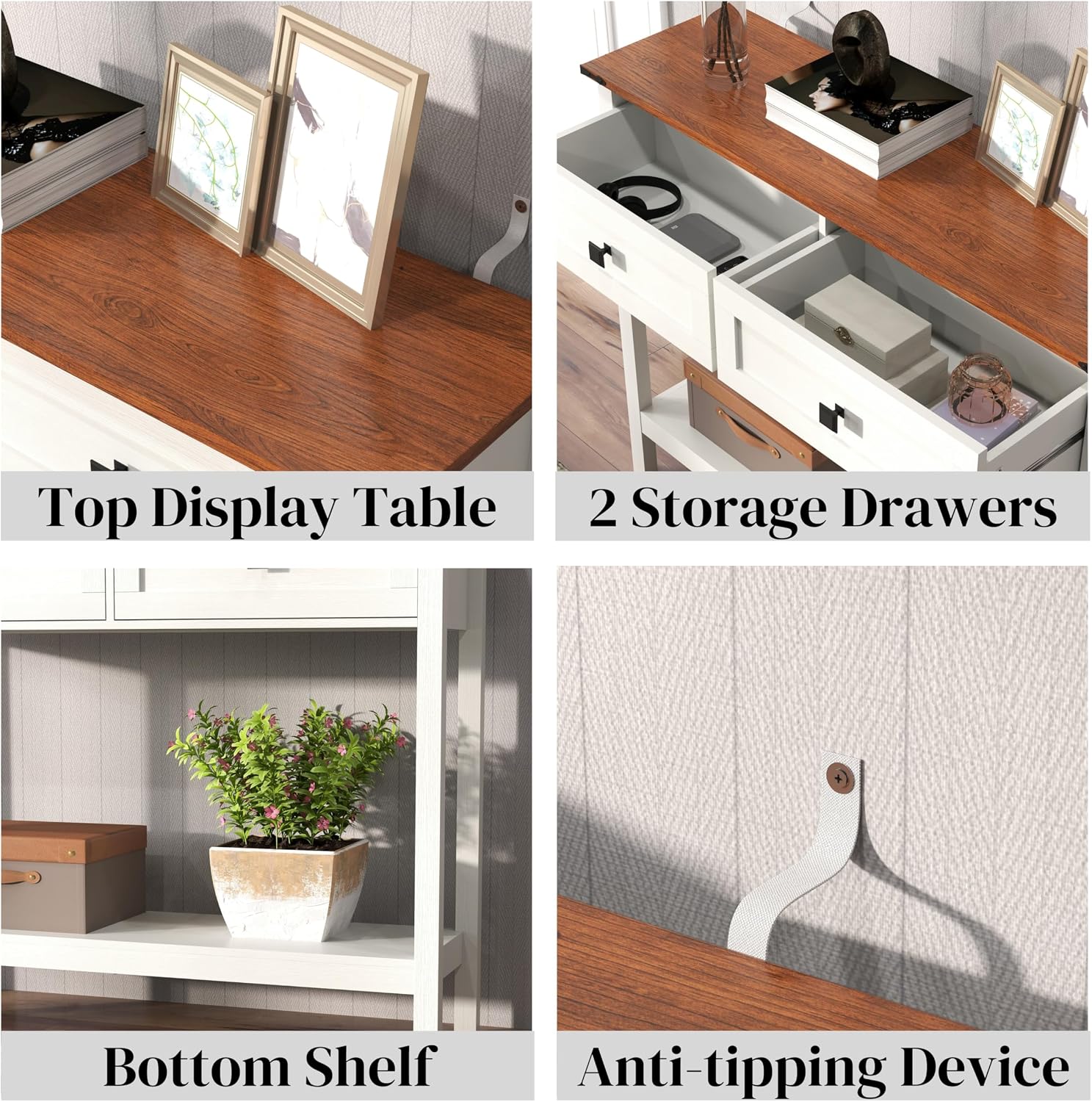 Knocbel Small Console Table with 2 Drawers with Metal Handles, Farmhouse Side Tables with Brown Woodgrain Top and Bottom Shelf for Entryway Living Room, 39.37" W x 11.61" D x 32.08" H, Antique White