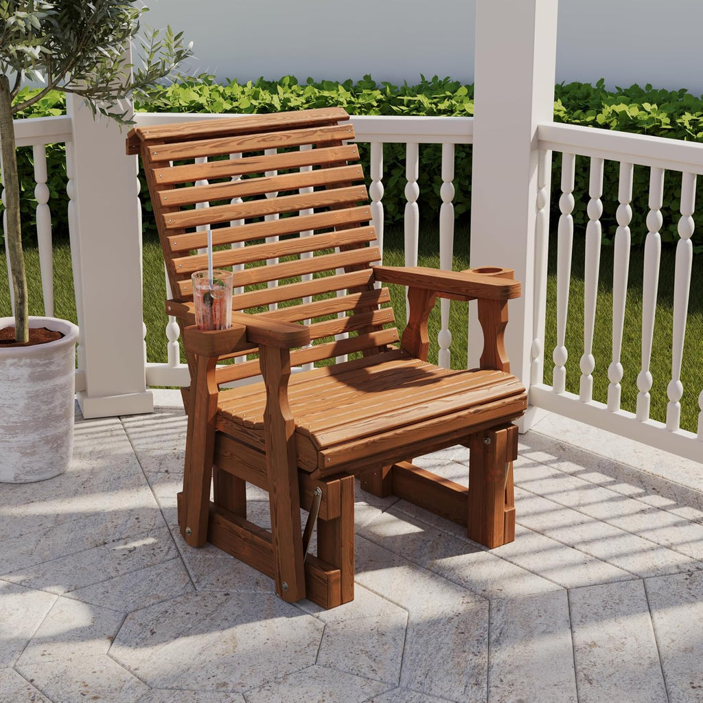 Amish Casual Heavy Duty 600 Lb Roll Back High Back Treated Glider Chair with Cupholders (Oak Stain)