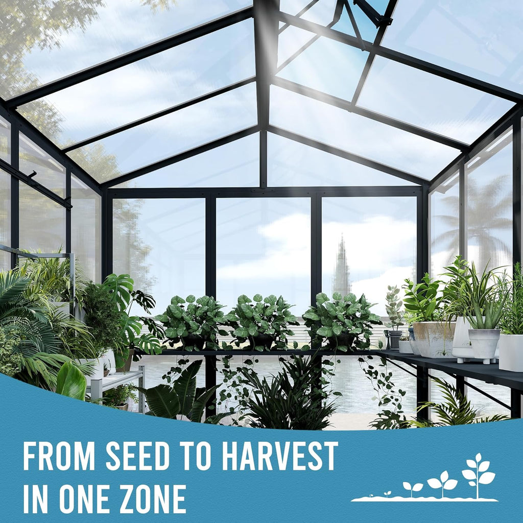 Domi 8x10FT Polycarbonate Greenhouse with Automatic Vent, Extra Tall 8FT Walk-in Aluminum Frame, Weather-Resistant Green House with Shelves & Hooks for Outdoor Garden, Backyard, Dark Grey