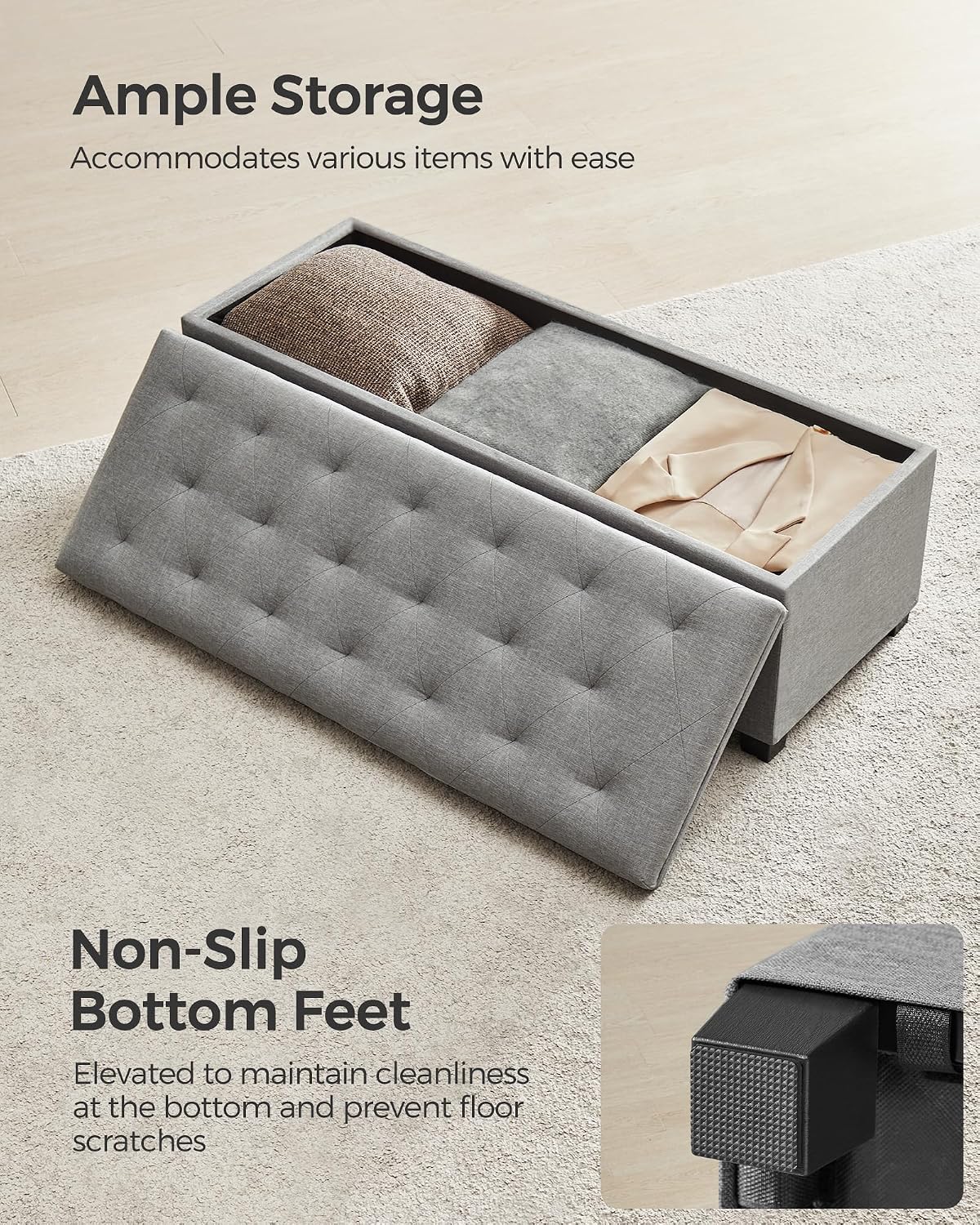 SONGMICS Storage Ottoman Bench, Foot Rest with Legs, Load up to 661.4 lb | End of Bed Bench, Storage Chest, 43.3 x 15.8 x 15.8 Inches, Dove Gray and Ink Black, MELISA Collection ULSF088G02