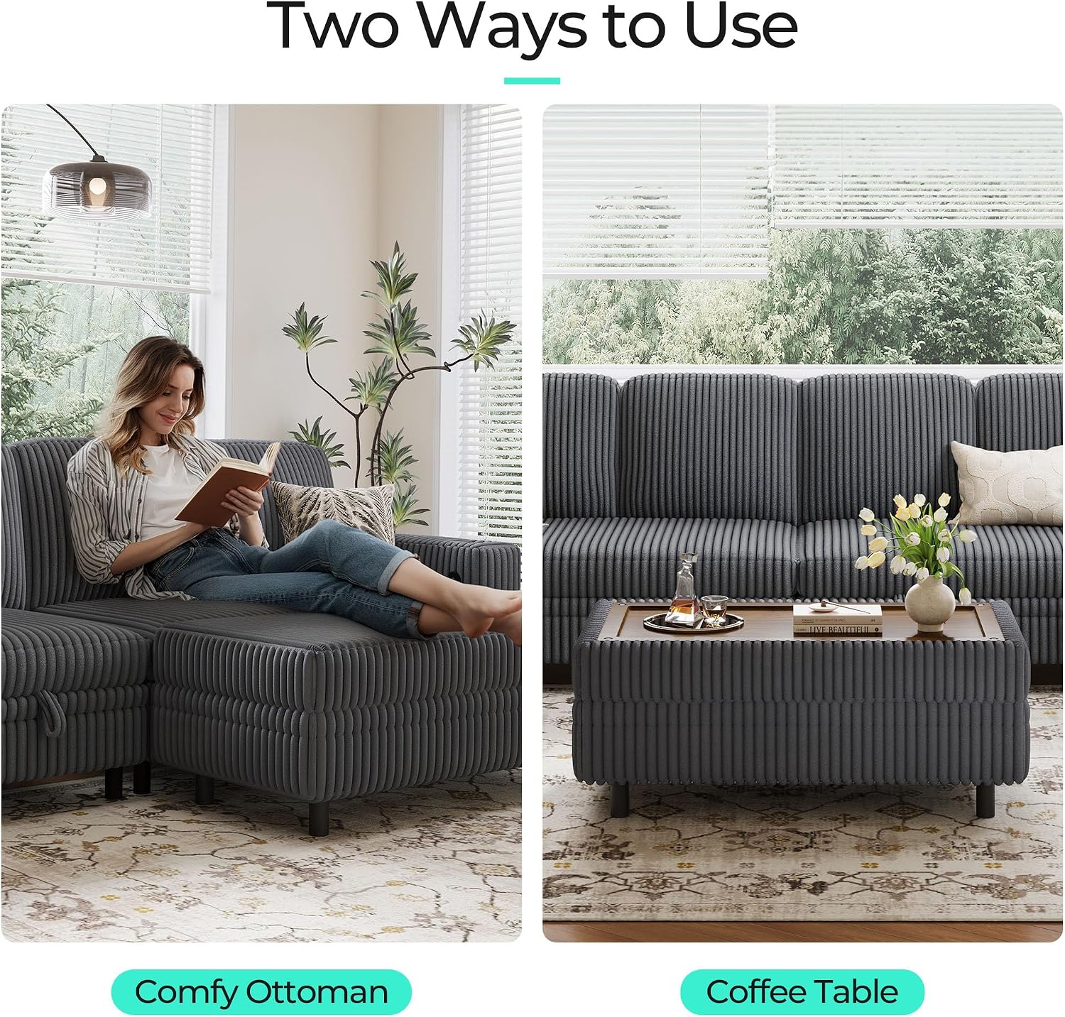 LINSY HOME Sectional Sleeper Sofa Storage Ottoman Bench, Convertible Coffee Table Plush Corduroy Couch Ottoman Footstool for Living Room, Bedroom Entryway and Family Room, Grey