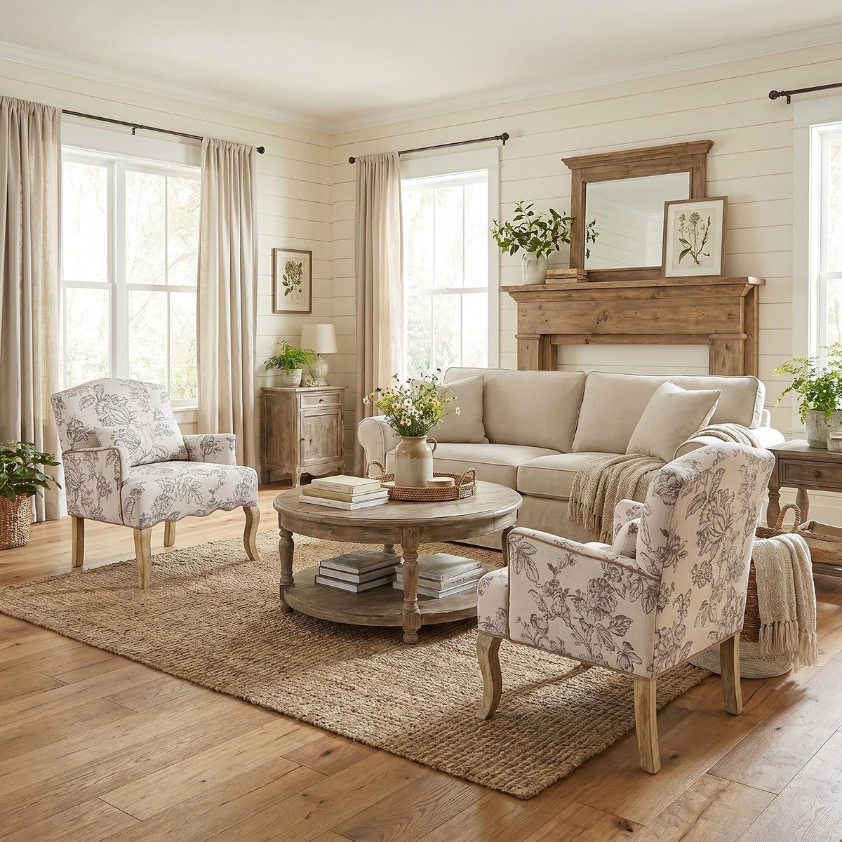 Shunzhi Floral Accent Chairs Farmhouse Upholstered Armchair Linen Reading Chair Mid Century Modern Single Sofa Chair with Pillow for Bedroom/Living Room/Fireplace, Beige, 1PC