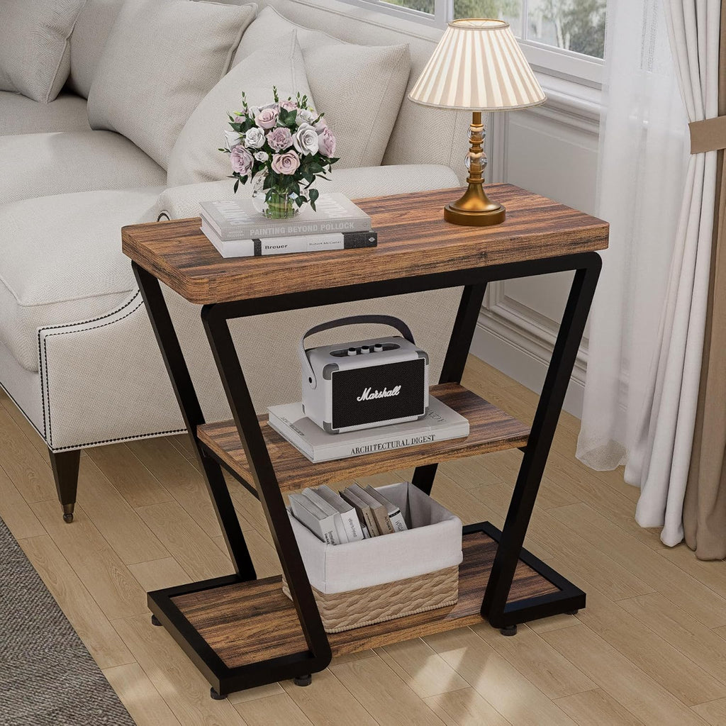 Narrow End Table for Small Spaces, 3-Tier Sofa Side Table with Storage Shelf, Wood and Metal Nightstand for Living Room Bedroom, Rustic Brown