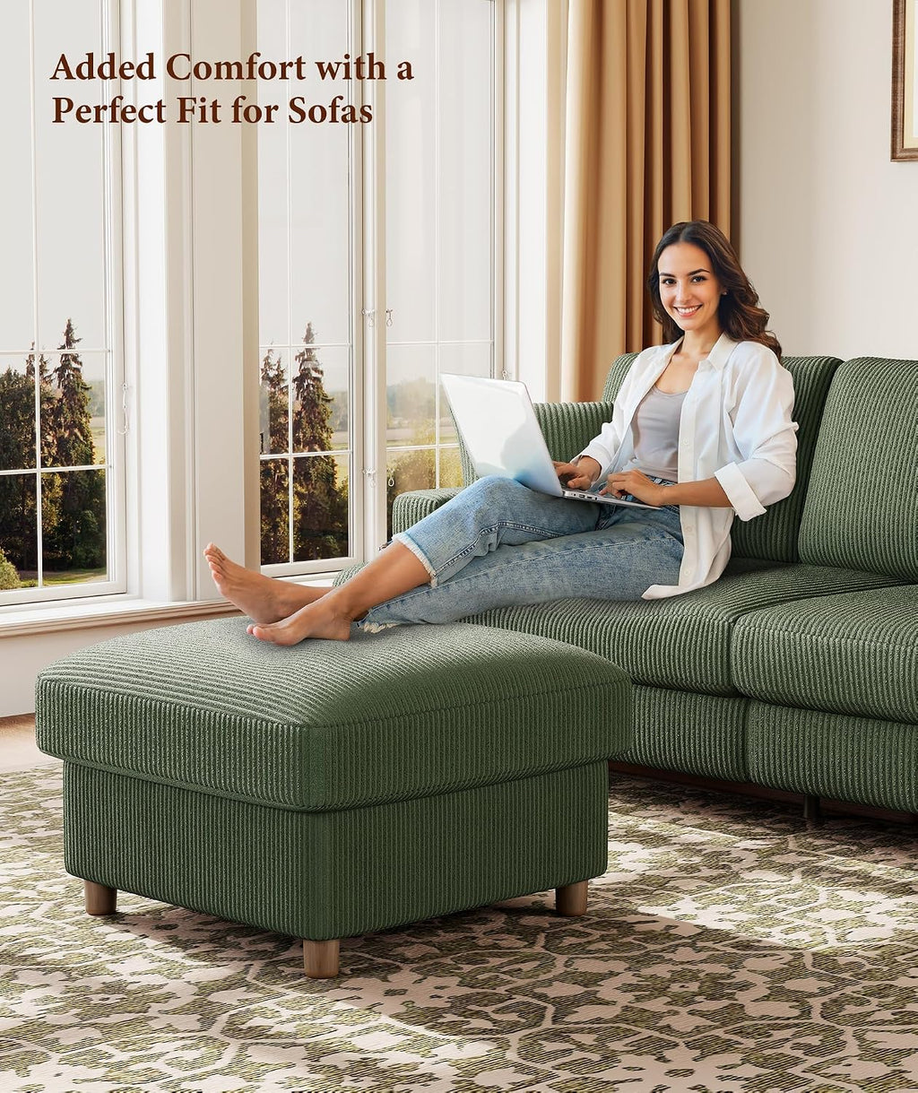 Kidirect Corduroy Ottoman with Storage, 25" Oversize Ottomans, Tool-Free Setup Storage Bench for Bedroom, Solid Wood Foot Rest, Comfy Foot Stool, Square Ottoman Coffee Table for Living Room, Green