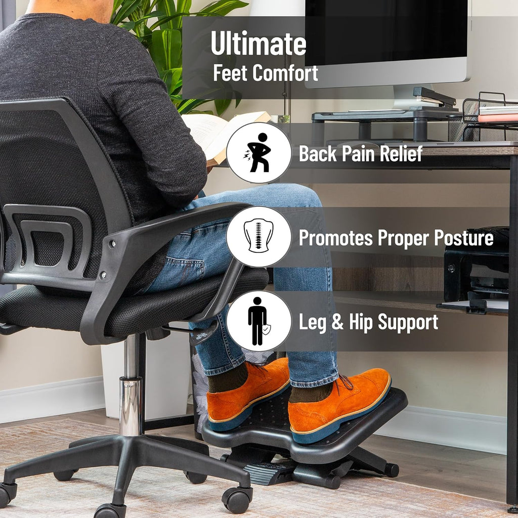 Mind Reader Adjustable Foot Rest with Elastomer Pad for Comfort and Support, Ergonomic Foot Platform, Height Adjustable, Black