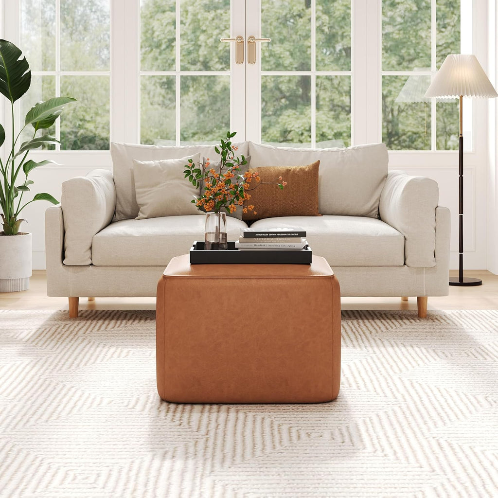 Christopher Knight Home Ellis Faux Leather Pouf Ottoman Foot Rest, Square PU Pouffe Ottoman Footstool, Living Room Sofa Couch Extra Seat, Modern Coffee Table for Home Office Bedroom, Tan Brown