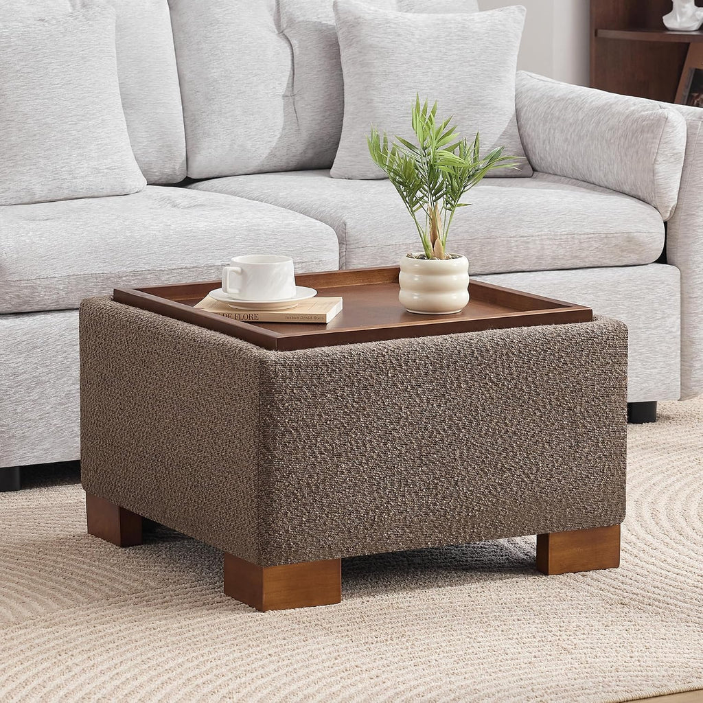 WUTUTUEE 24" Square Ottoman Coffee Table with Storage, Boucle Ottomans with Tray and Solid Wood Legs for Living Room, Bedroom and Apartments, Small Modern Ottoman Tea Table with Lift-Off Lid, Brown