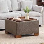 WUTUTUEE 24" Square Ottoman Coffee Table with Storage, Boucle Ottomans with Tray and Solid Wood Legs for Living Room, Bedroom and Apartments, Small Modern Ottoman Tea Table with Lift-Off Lid, Brown