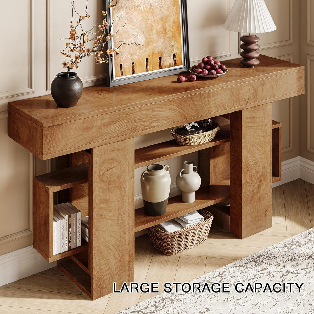 Einhomn 63 Inch Long Console Table for Entryway, Farmhouse Wooden Sofa Table Behind Couch with 3-Tier Storage Shelf, Narrow Entry Accent Table for Living Room, Hallway, Foyer, Natural