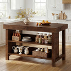 55" Solid Wood Kitchen Island with Storage, Farmhouse Kitchen Island Table with 3-Tier Open Shelves and Large Countertop for Kitchen, Dining & Living Room, Walnut