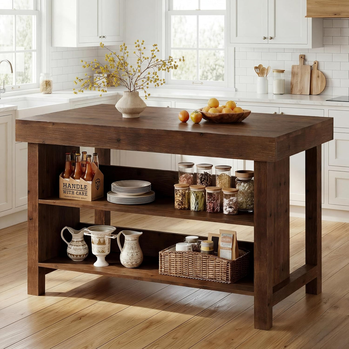 55" Solid Wood Kitchen Island with Storage, Farmhouse Kitchen Island Table with 3-Tier Open Shelves and Large Countertop for Kitchen, Dining & Living Room, Walnut