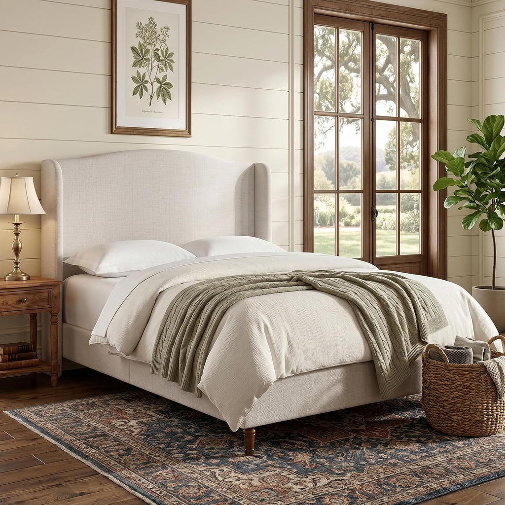 Upholstered Platform Wingback Bed Frame with 54" High Headboard, Solid Walnut Wood Feet, Sturdy Metal & Wood Slats (Chenille, Ivory White-R7902, Queen (U.S. Standard))