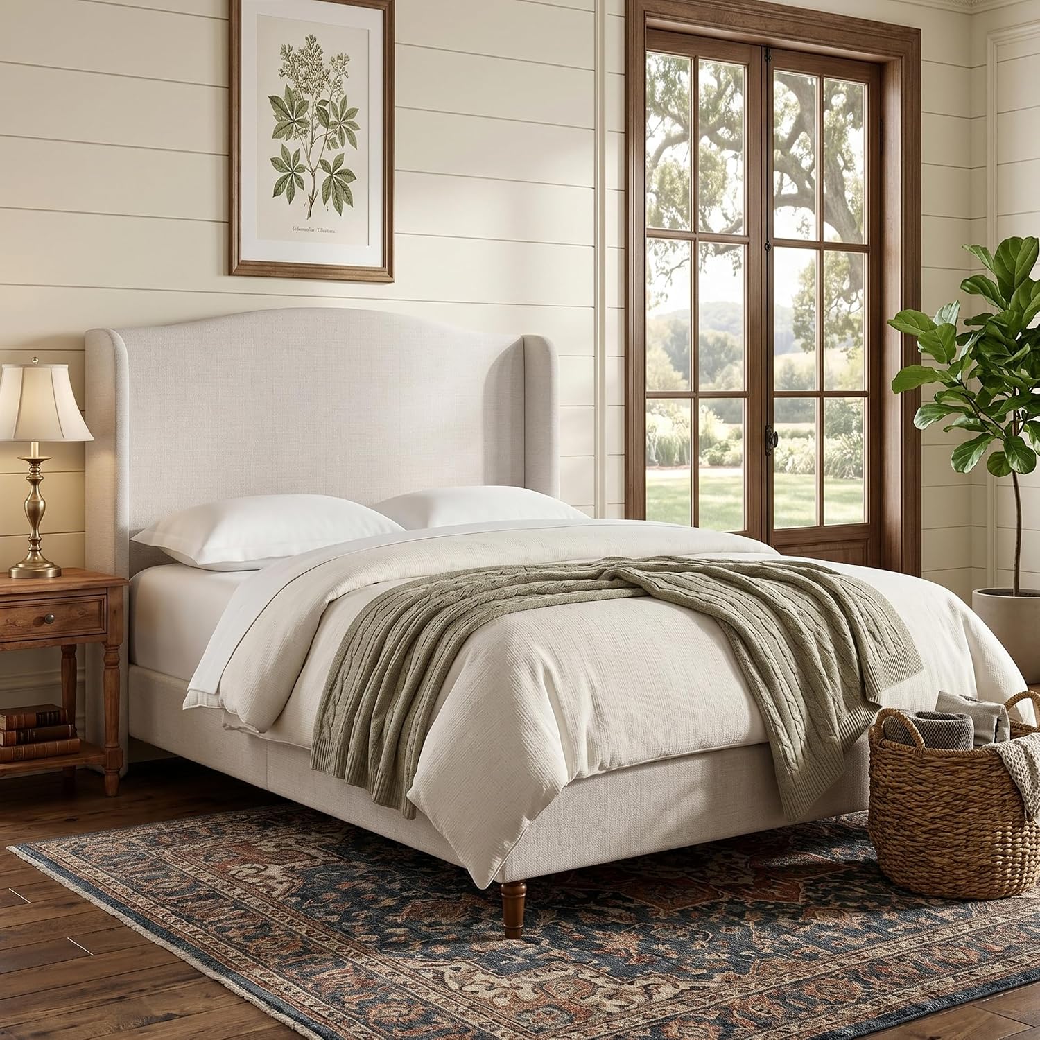 Upholstered Platform Wingback Bed Frame with 54" High Headboard, Solid Walnut Wood Feet, Sturdy Metal & Wood Slats (Chenille, Ivory White-R7902, Queen (U.S. Standard))