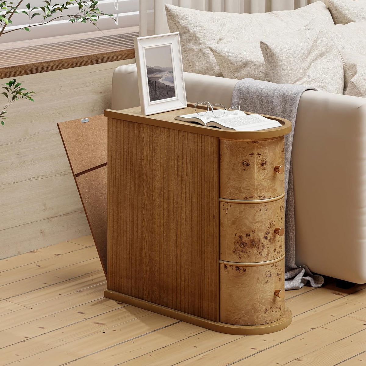 COZAYH 3-Drawer Wood Farmhouse End Table with Burl Finish, Narrow Rustic Sofa Side Tables with Metal Knobs, Slim Bedside Table with Back Storage Space for Living Room, Bedroom (Natural Burl)