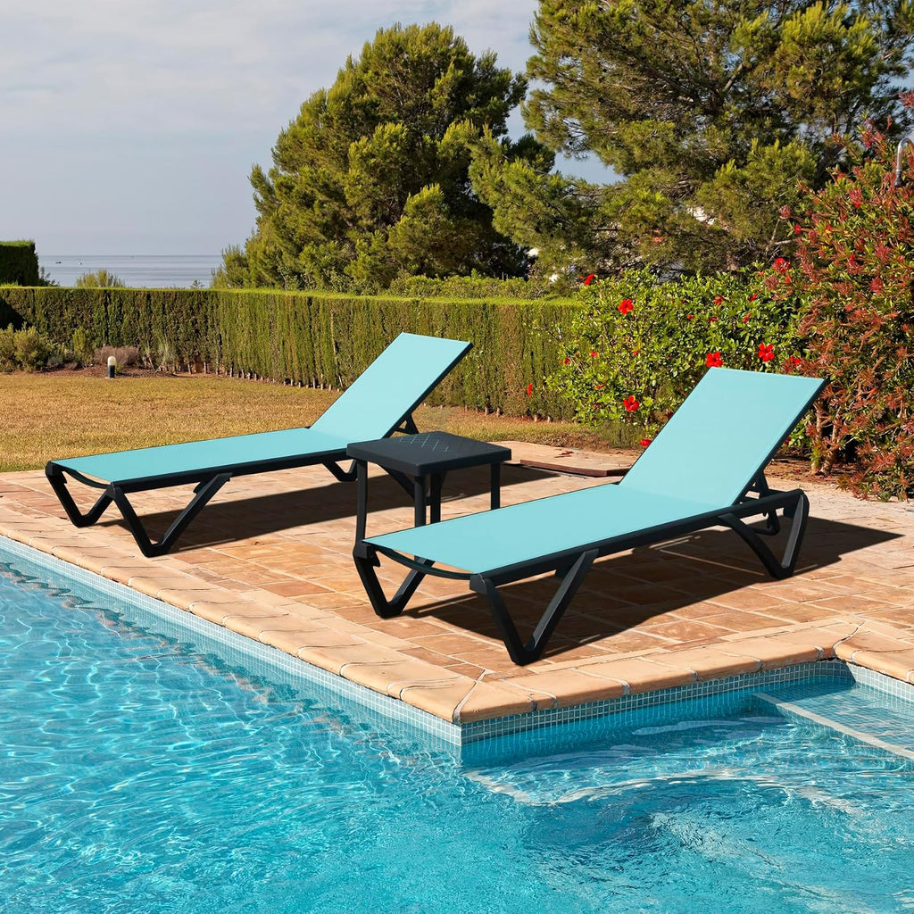 Domi Aluminum Pool Lounge Chair Outdoor Set of 2 Chaise Lounge Outdoor | Side Table, Wheels, Adjustable, Textilene, Turquoise Blue, All Weather, Poolside, Backyard, Patio, Deck, Outside