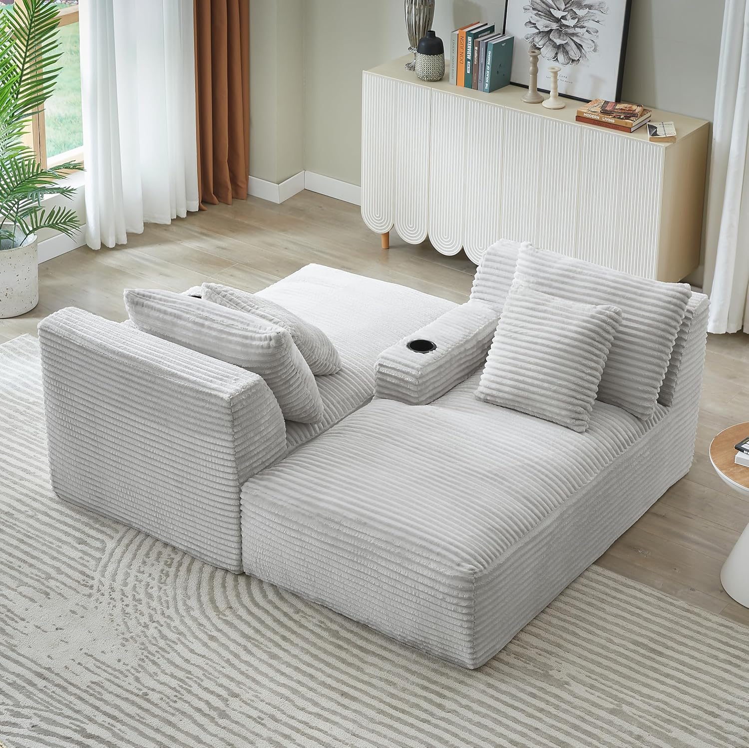 Eafurn Oversized Double Chaise Lounge Indoor with Cup Holders & Side Pocket, 71" Plush Corduroy Floor Chaise Lounge Sofa with High Density Sponge & Deep High Seat Comfy Sleeper Couch Bed