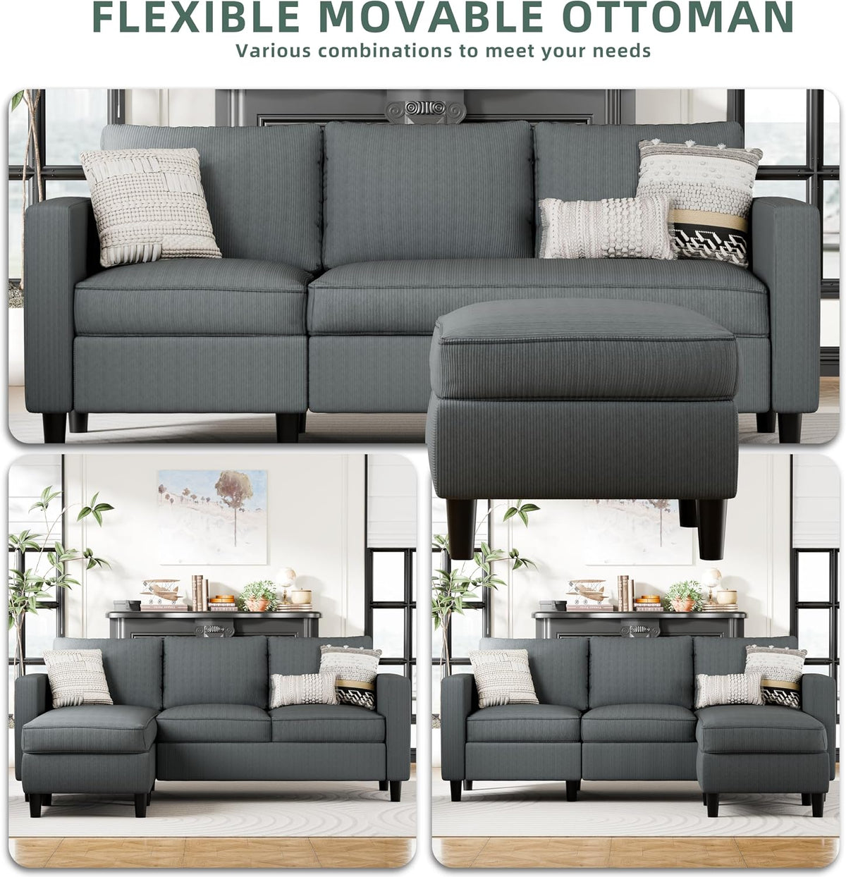 SUNLEI L-Shaped Sectional Couch, Modern Grey Reversible Sectional Sofa with Reversible Ottoman, 3-Seat Sectional Couches for Living Room and Apartment, Grey