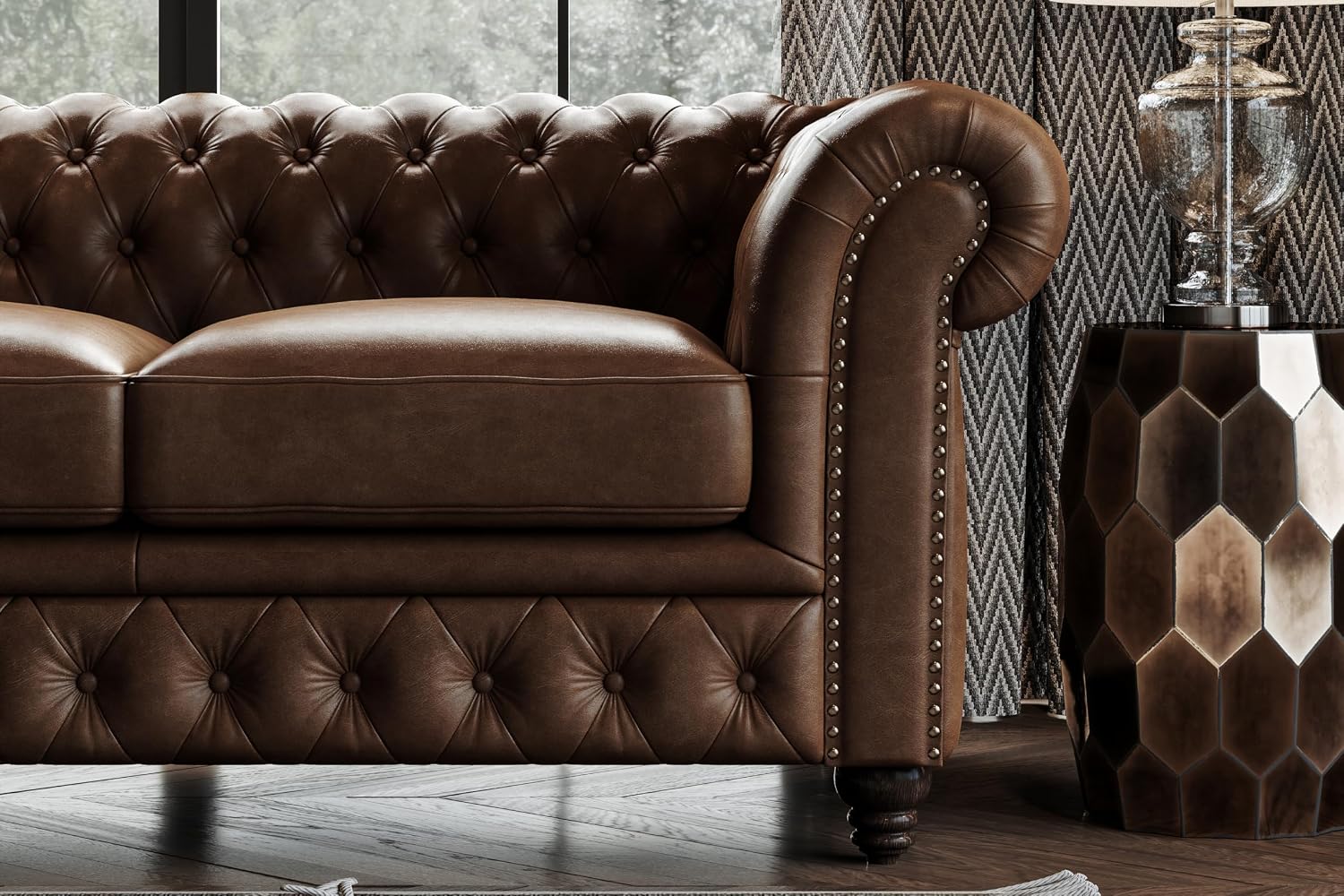 Valencia Parma 92" Leather Chesterfield Sofa, Premium Leather Upholstery, 3 Seater with Button-Tufted Back, Solid Wood Feet, Mid-Century Modern Design for Living Room (Lipari Chocolate)
