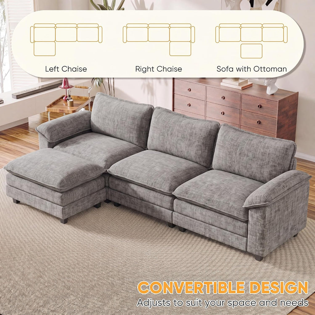 Homall 118.9" L Shaped Cloud Couch, Modular Sectional Sofa for Living Room | Comfy Chenille, Movable Ottoman, 30" Deep Seat, Washable Cover, Sturdy Frame, High-Density Foam, Easy Assembly, Light Grey