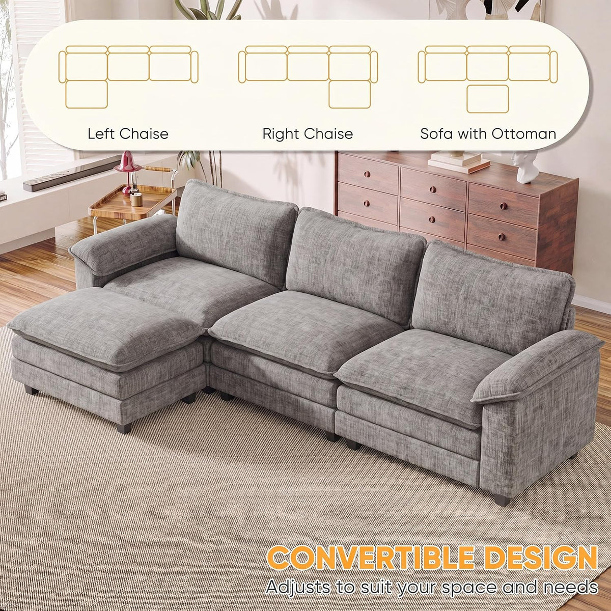 Homall 118.9" L Shaped Cloud Couch, Modular Sectional Sofa for Living Room | Comfy Chenille, Movable Ottoman, 30" Deep Seat, Washable Cover, Sturdy Frame, High-Density Foam, Easy Assembly, Light Grey