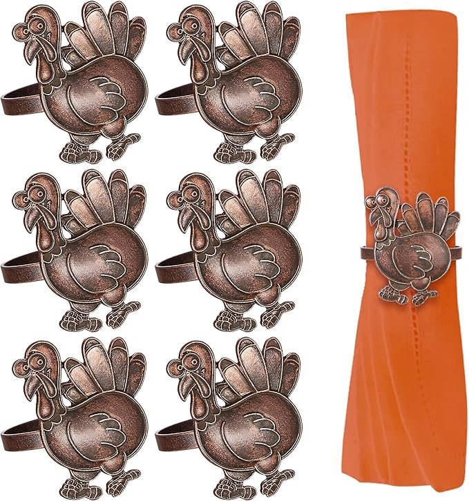 Halatool Thanksgiving Bronze Turkey Napkin Rings Set of 6, Funny Metal Festival Napkin Holders for Thanksgiving Weddings Holidays Gathering Dinner Party Decorations