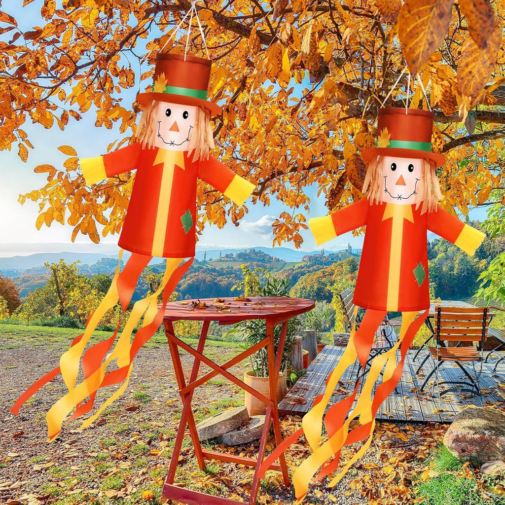 2 Pcs Fall Thanksgiving Scarecrows Windsocks Decoration 40'' Vintage WindSocks for Thanksgiving Decorations Outdoor Hanging Scarecrow for Thanksgiving Party Home Farmhouse Yard Window Decor