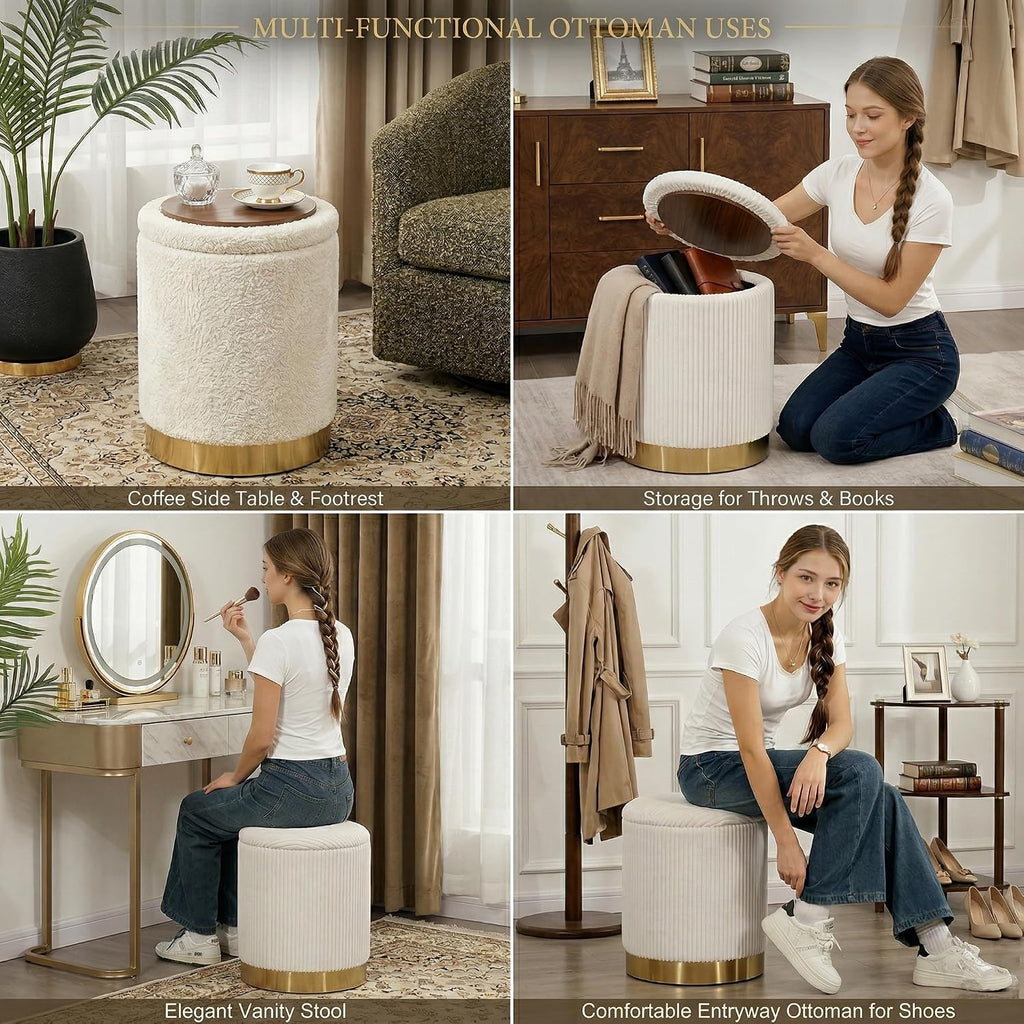 Joveco 14" Round Storage Ottoman for Dorm with Reversible Lid Tray | Beige Corduroy Footrest Stool with Gold Metal Base, Modern Small Ottoman Coffee Table & Side Table for Bedroom Living Room
