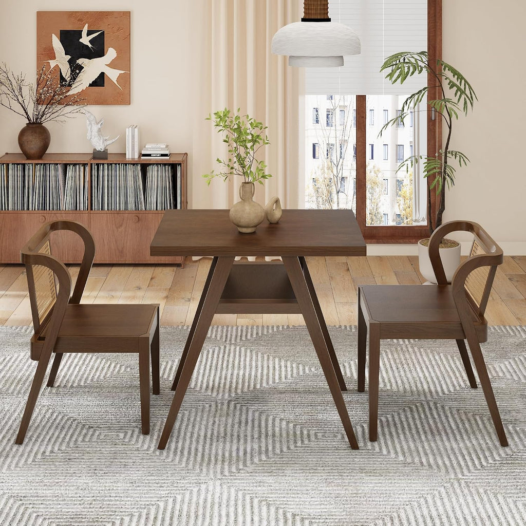 3-Piece Modern Dining Set with Stackable Dining Chairs, Solid Wood Square Table and Chair Breakfast Table Set for 2 Person, Space Saving Dinette for Dining Room, Kitchen, Living Room, Dark Walnut