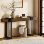 63" Long Console Table for Entryway - Behind Couch Table for Living Room, Wood Sofa Tables with Black Parallel Metal Frame & Power Outlet for Hallway, Entrance, Narrow Foyer, Walnut